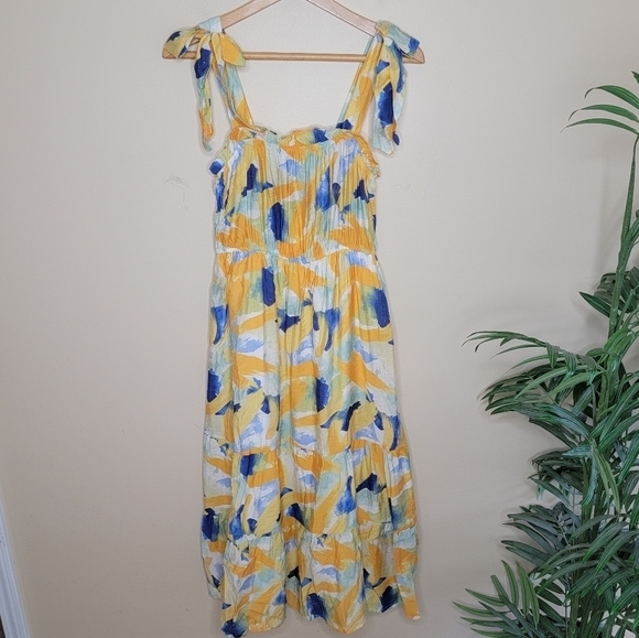 NWT By The River | Yellow & Blue Abstract Midi Dress Size Large - Picture 1 of 6